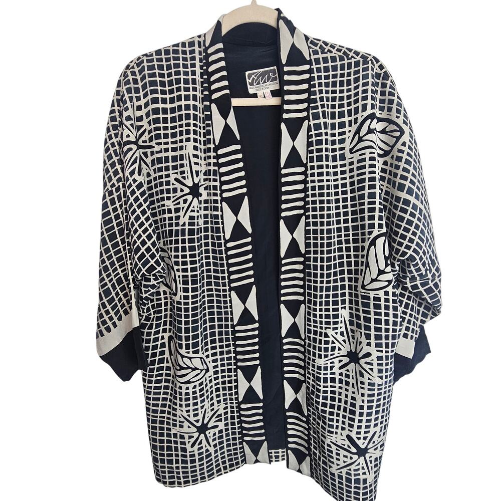 Art Waves Inc Womens 100% Silk Pig Print Cardigan Sz S Open Front Artsy Abstract